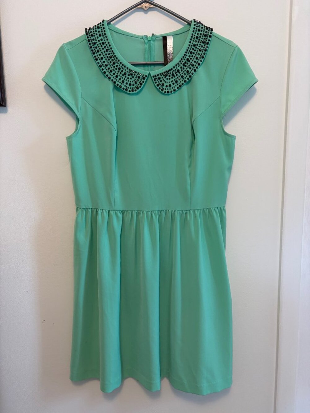 Kensie Mint Green A-Line Dress with Black Studded Peter Pan Collar
